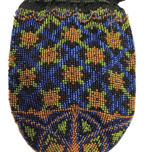 Antique Victorian 1900s Small Floral Beaded Reticule Handbag With Drawstring Top - Picture 3 of 5